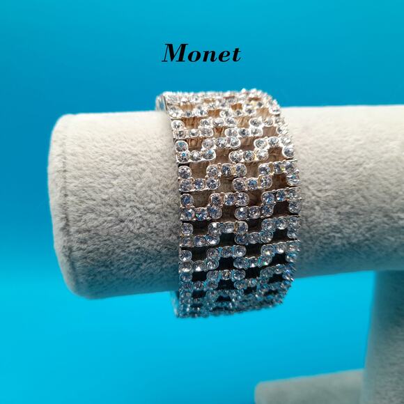 Vintage Monet Stretch Bracelet, Clear Rhinestones, Wide Bracelet - Picture 1 of 9
